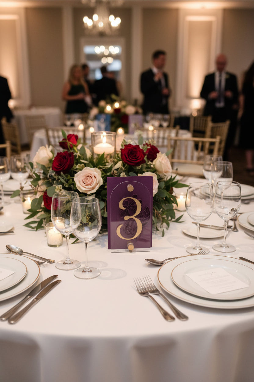 Decorative number '3' on a purple MDF backer with gold stand off accents